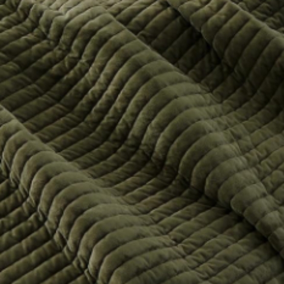 Queen Size Army Green Striped Velvet Quilted Coverlet Bedspread Shams Quilt Set - Picture 9 of 14